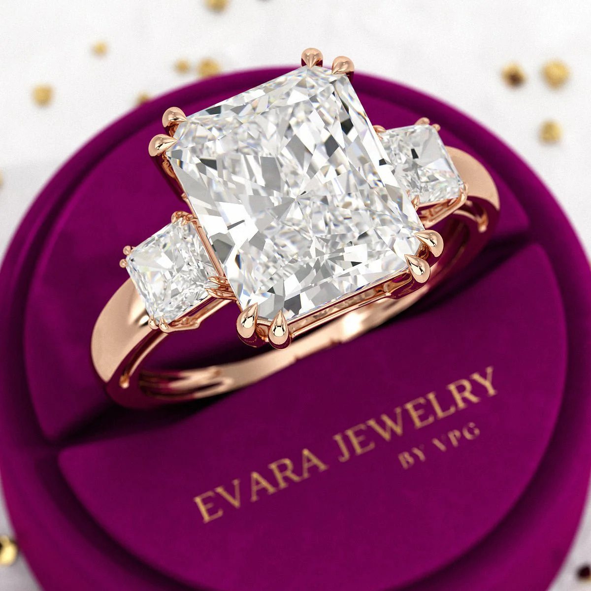 5 Carat Radiant Cut Three Stone Lab Grown Diamond V Prong Engagement Ring - Image 7
